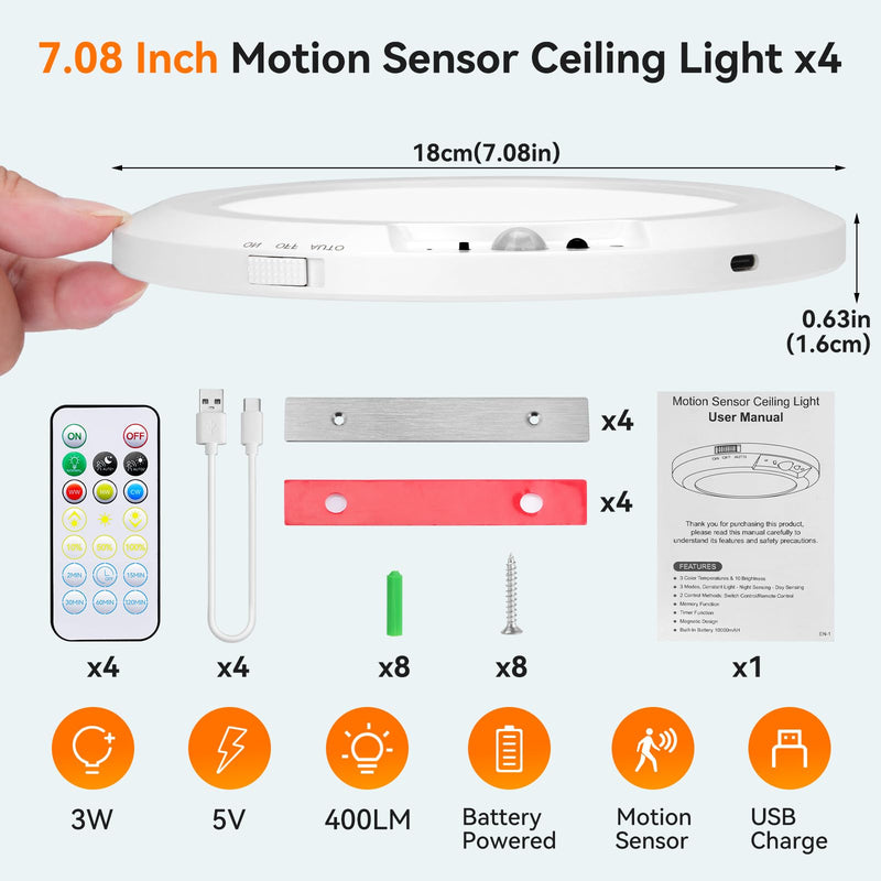 Rechargeable Motion Sensor Ceiling Light Indoor Outdoor w/Remote, 7.08 Inch Battery Operated Flush Mount Ceiling Light 3000K 4000K 6000K 400LM Dimmable for Closet Hallway Laundry Stairs (4) 4
