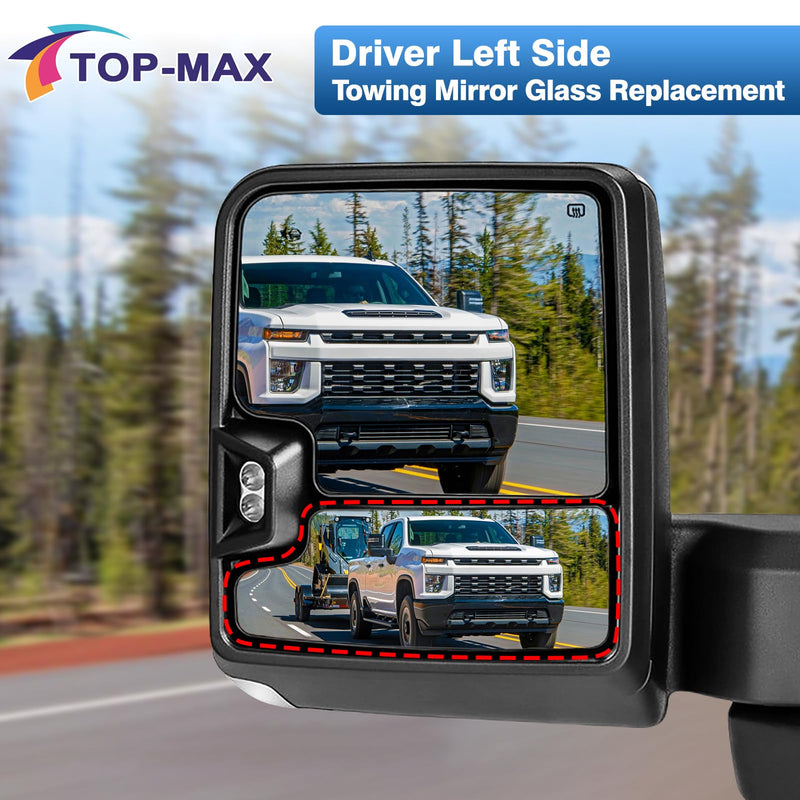TOP-MAX Driver Left Side Towing Mirror Glass Replacement Fit for 2019 2020 2021 2022 2023 2024 2025 Chevy Silverado GMC Sierra 1500 2500 HD 3500 HD, Convex Lower Mirror Non-Heated with Back Plate Driver Side Non-Heated