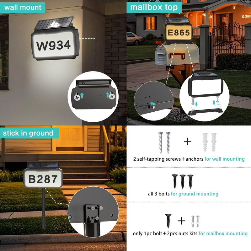 Solar Address Sign, Mailbox Numbers with 3 Mount Options, House Number Sign with 3 Color Options, IP54 Waterproof Solar House Numbers for Outside, Light on One Side, Only Lighted Plaque, Not Mailbox