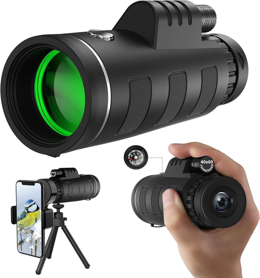 40x60 High Definition Monocular Telescope with Smartphone Adapter, BAK4 Prism FMC Monocular with Clear Low Light Vision for Wildlife Hunting Camping Travelling（LD006-00A-42-2）