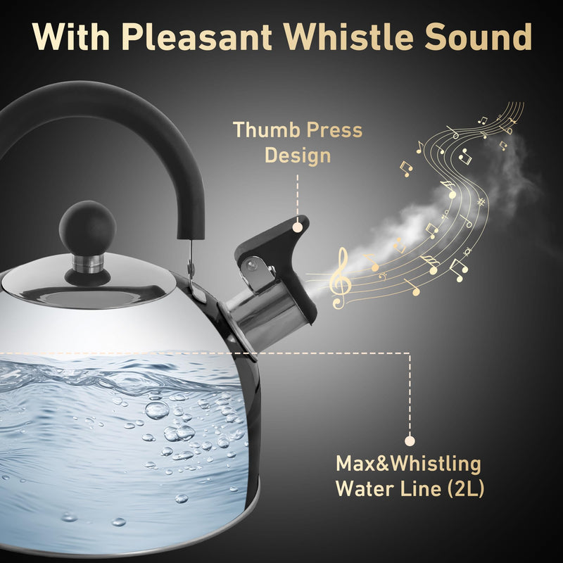 Lily's Home 2 Quart Stainless Steel Whistling Tea Kettle, the Perfect Stovetop Tea and Water Boilers for Your Home, Dorm, Condo or Apartment. (Black) Black(2 Quarts)