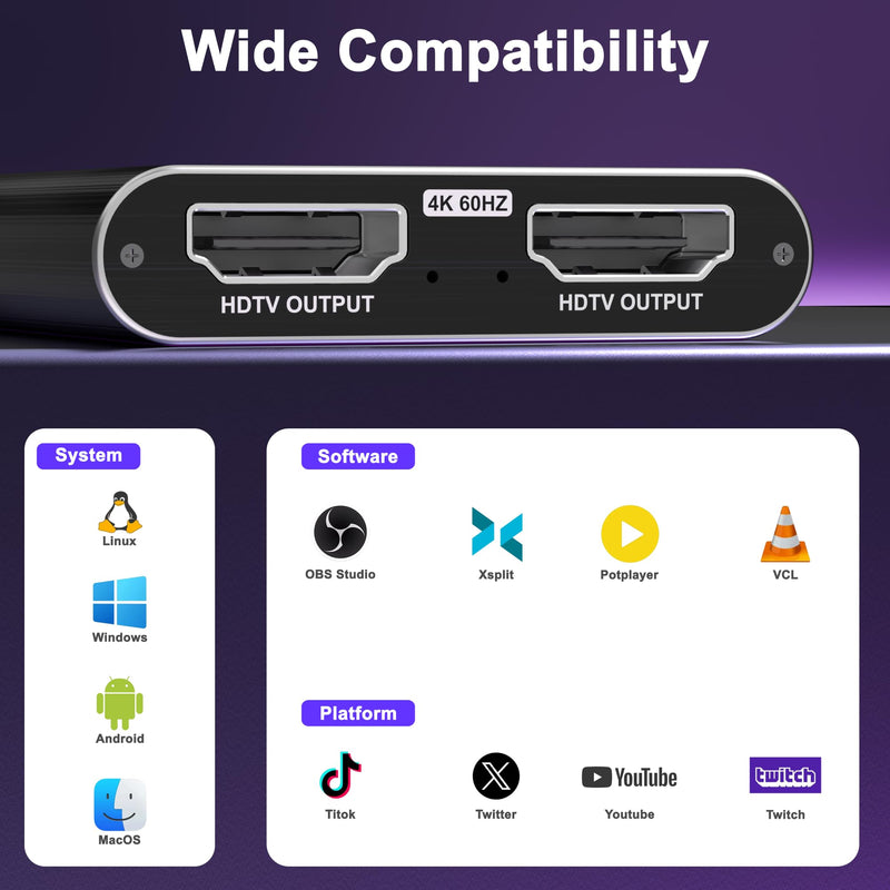 4K HDMI Capture Card, USB 3.0 Video Capture Card for Streaming | Wide Device Compatibility, OBS Compatible, 1080P 60FPS Recording Support