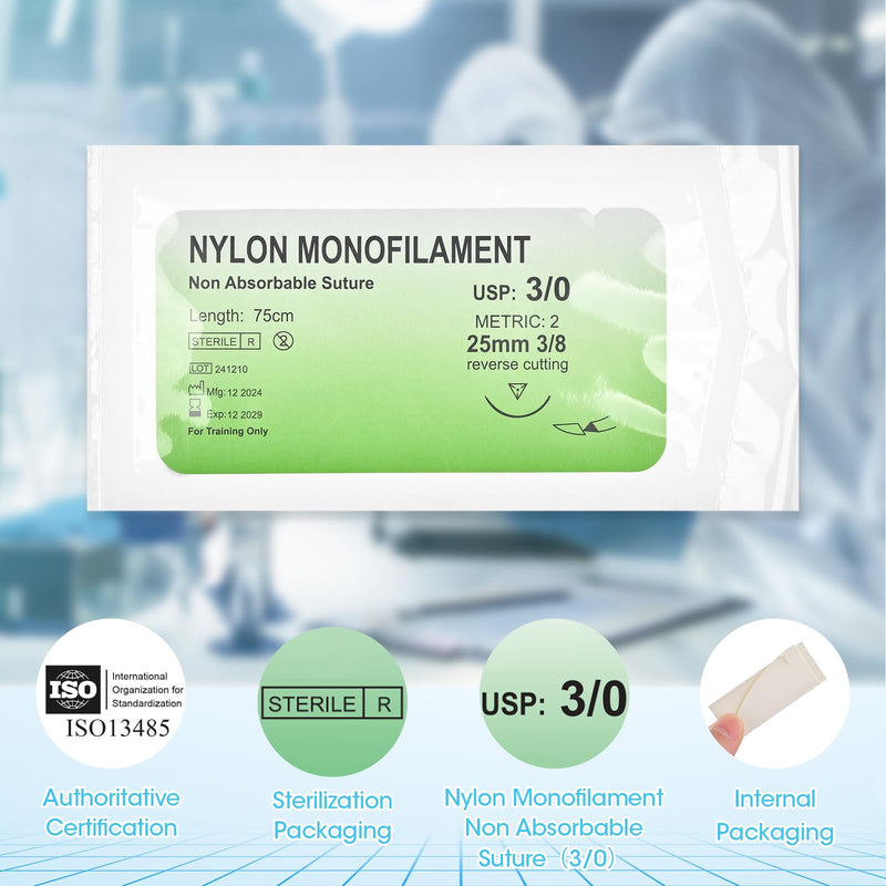 Sutures Practice Thread with Needle - 12Pack 3/0 Suture Kit, Nylon Monofilament Suturing Practicing for Students Training Only Nylon 3/0 12Pcs