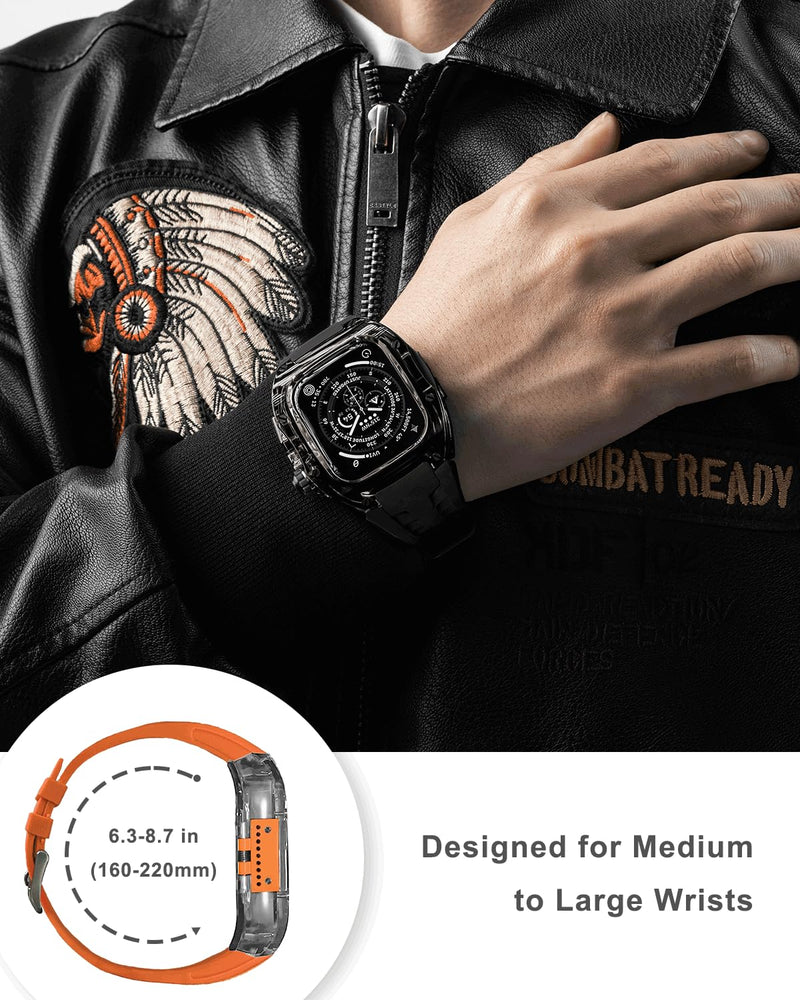 Rugged Case with Band for Apple Watch Series 10/11 46mm, Heavy Duty Case with Black Silicone Sport Strap, Shockproof Translucent Nylon Bumper Cover for iWatch, Clear/Orange