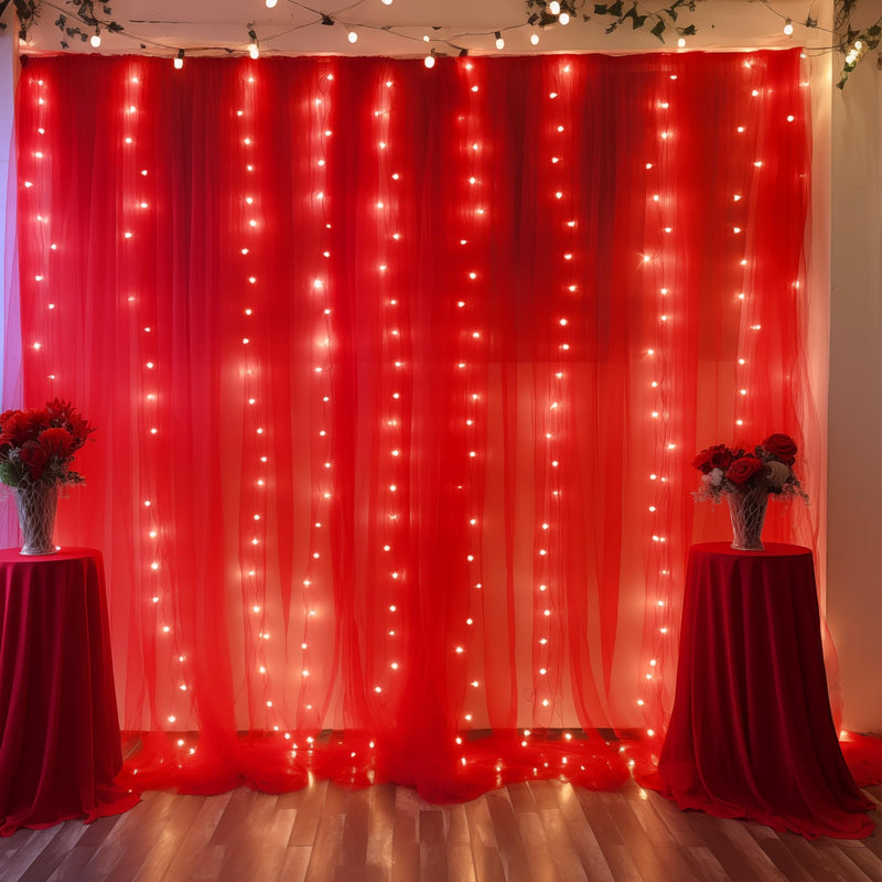 10×10ft Red Tulle Backdrop Curtain with Lights String for Parties, Sheer Curtain Backdrop Drapes for Wedding Party Photography Background
