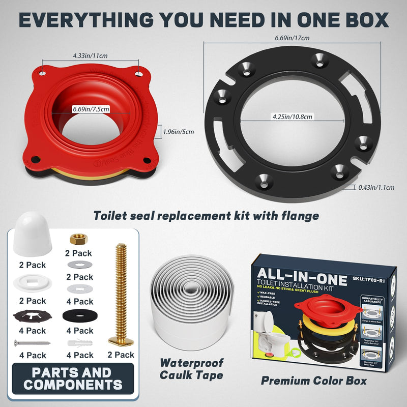 boeemi Toilet Flange Repair Kit with Elastic Wax Ring TF02-RI- Premium Toilet Seal and Gasket Replacement (with Sealing Caulk Tape) TF02-RI Flange Kit