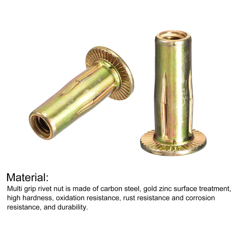uxcell 5/16-18 Multi-Grip Rivet Nuts, 100pcs Pre-Bulbed Shank Flat Head Threaded Insert Nut Gold Zinc Plated Finish Carbon Steel Plus Nuts 100