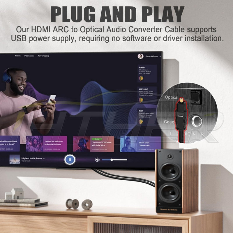 192KHz HDMI ARC to Optical Audio Adapter, HDMI ARC Cable for Soundbar to TV, Plug & Play Optical Audio to HDMI A RC Converter, Optical Audio Splitter Support for PCM/LPCM/Dolby 5.1/DTS 5.1[No CEC]