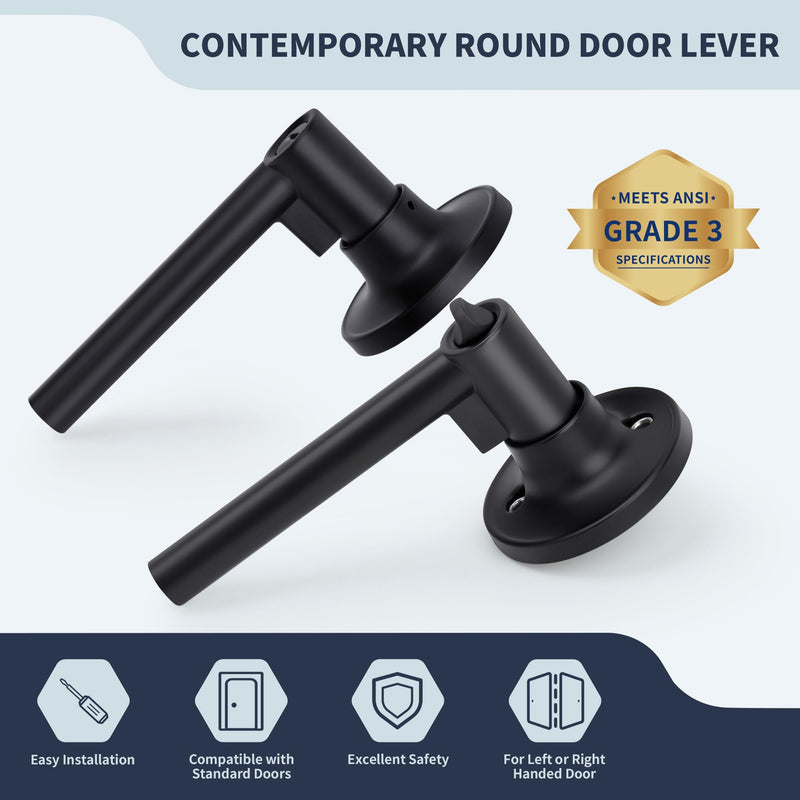 Round Style Door Handle with Privacy Locking, Privacy Reversible Door Lever for Bathroom or Bedroom Door, Matte Black Finish Privacy (Thumb Button Lock)