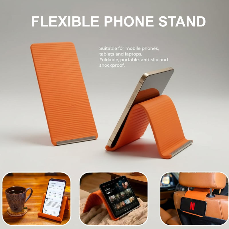 Phone Stand for Desk, Silicone Flexible Phone Holder for All Mobile Devices, Portable Cell Phone Stand for Travel, Home, Car, Airplane, Treadmill, iPad, Tablet, Orange