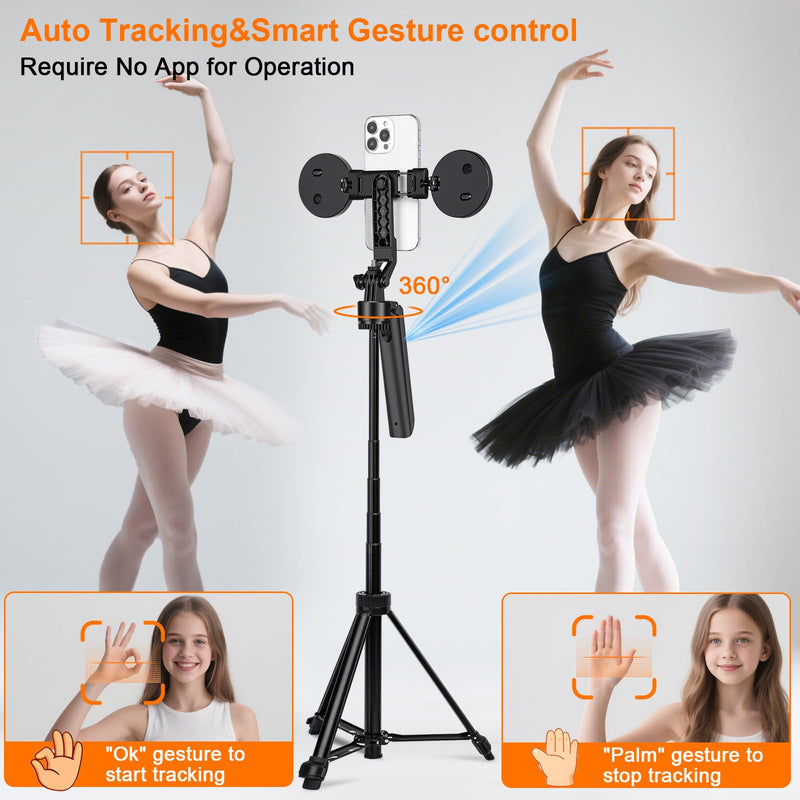 Vlogging Kit for iPhone/Andriod,70.9″ Auto Face Tracking Tipod,360 Rotatable Selfie Stick Tripod, Content Creator Essentials, Yutube Starter Kit, Gesture Control w/Remote/Mic/Light