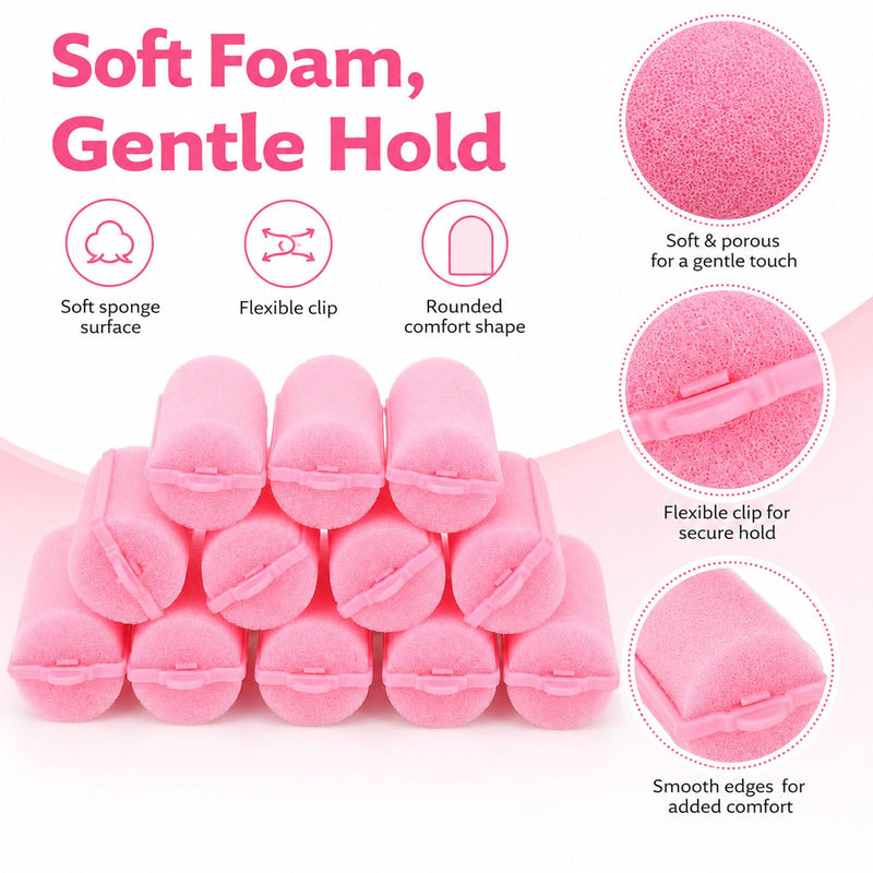 12 Pieces Foam Sponge Hair Rollers, Soft Sleeping Hair Curlers, Flexible No Heat Hair Styling Tool for Home Salon, Pink