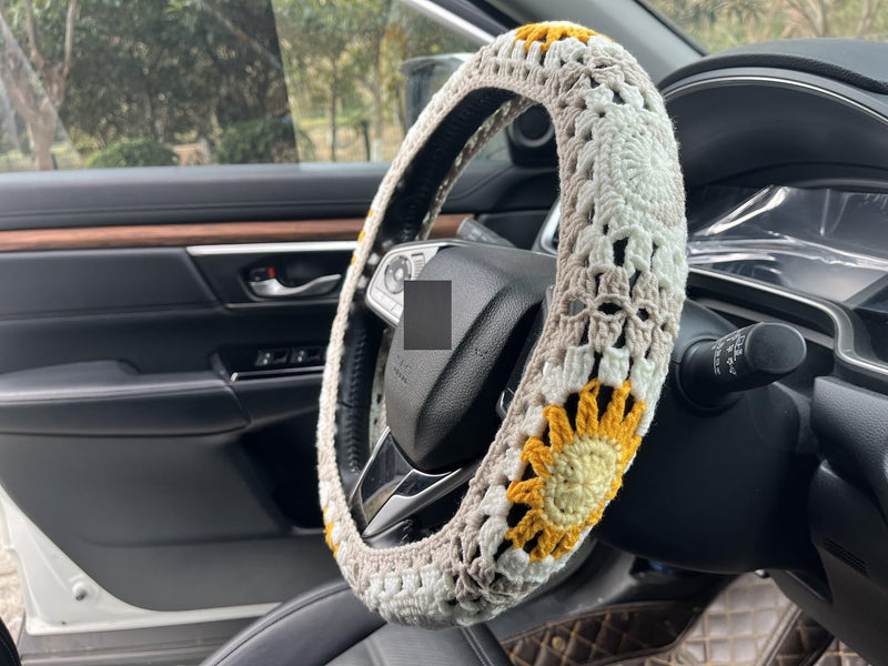 Handmade Crochet Sun Moon Car Steering Wheel Covers Universal 14-15 inch,Cute Steering Wheel Cover,Car Accessories (Steering Wheel Cover)