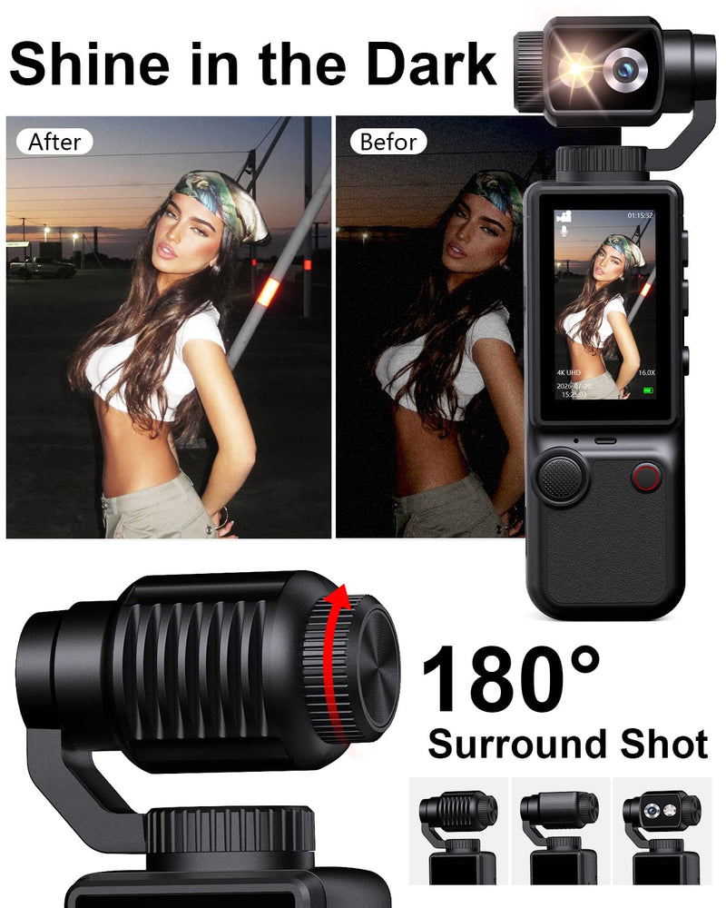 4K Vlogging Camera with 180°Rotating Lens, Portable Handheld Video Camera | 16X Zoom Pocket Digital Camcorder with Clear Mic, 2.0’’ Screen,32GB Card,Tripod,2000mAh Battery for Travel&Youtube Tiktok
