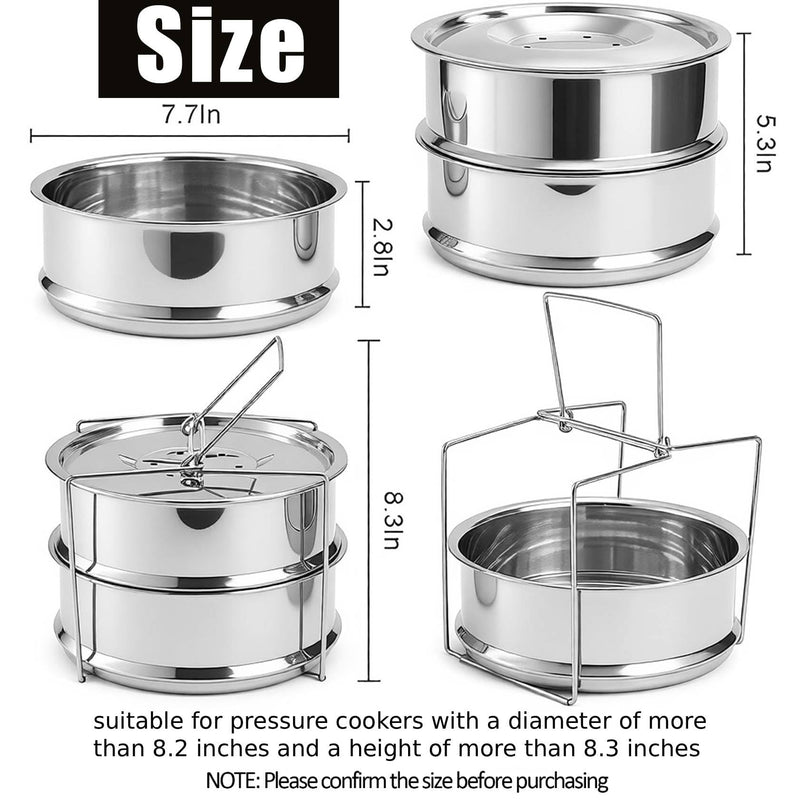 WUWEOT Stackable Steamer Insert Pans, 7.8 Inches Stainless Steel Pot-in-Pot Baking Pan, 2 Tier Pressure Cooker Accessories with Sling Handle and Silicone Gloves for Instant Pot