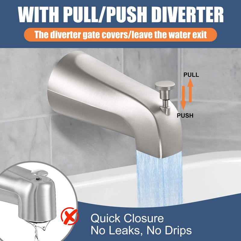 Universal Bathtub Tub Spout with Diverter, Fits 1/2" Slip-Fit Copper Pipe Connection, Pull Down Bathtub Faucet Spout Replacement, Easy Installation (Brushed Nickel) Brushed Nickel