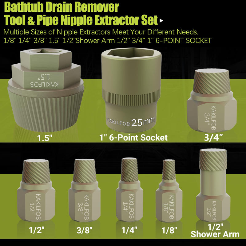 1.5'' Tub Drain Extractor, 8PCS Pipe Nipple Extractor Set with 1-inch Socket, Remove the Old, Broken, Stubborn, Rusted Drain Tub Bathtub Stopper, Strong Grab Plumbing with Storage Case 8 Pieces