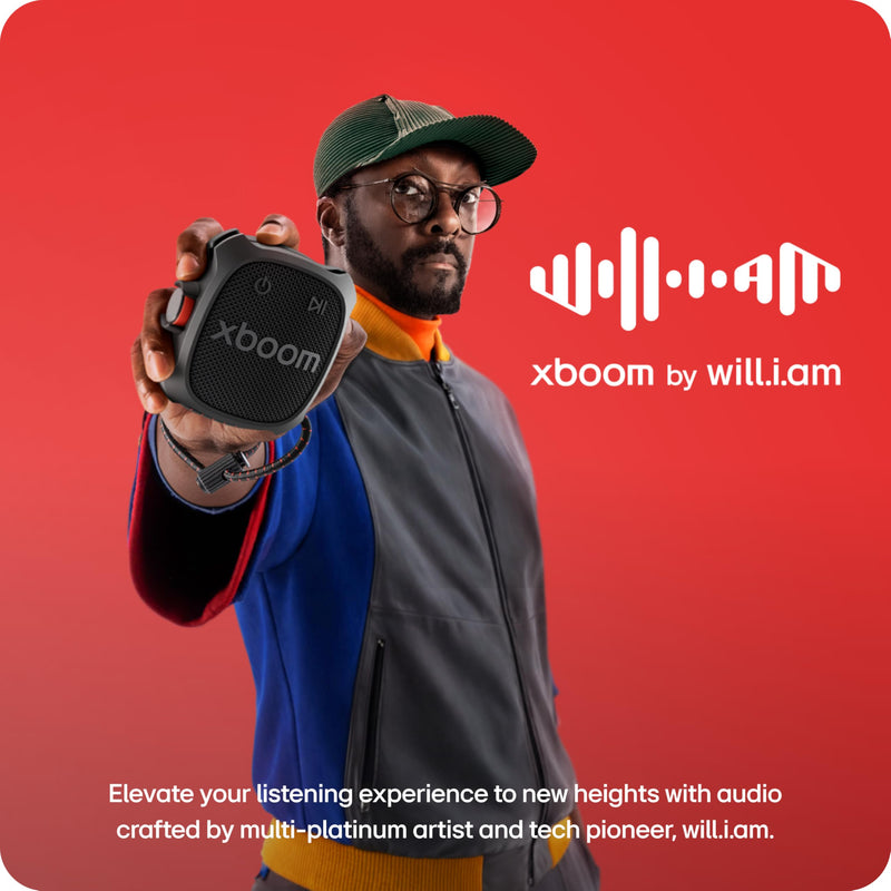 LG xboom Rock by will.i.am, Portable Outdoor Bluetooth Speaker, up to 10 Hours, IP67 Dust and Water Resistant, Adjustable Mounting Cord, Black