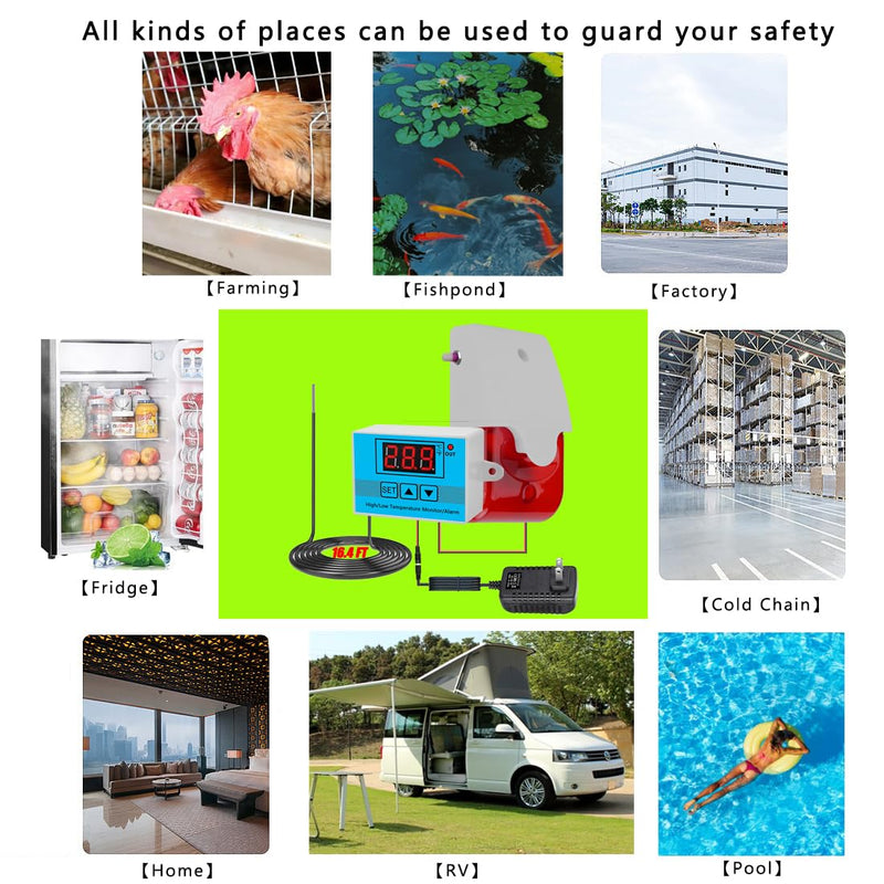 12V High/Low Temperature Monitor, Temperature Sensor with 5M Waterproof Probe, 0~120dB Adjustable Audible/Visual Freezer Alarm, Refrigerator Thermometer for Fridge/Cold Chain/RV/Pond/Farming/Factory