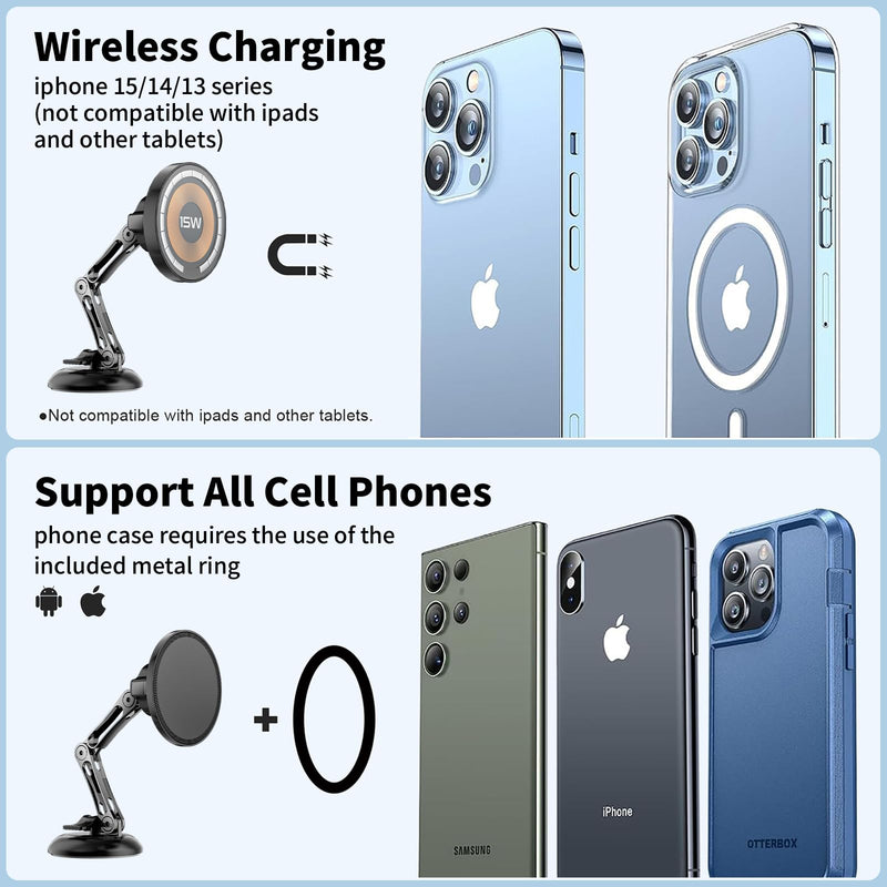 ZBF Magnetic Car Phone Holder, 15W for MagSafe Car Mount Charger(Fast Wireless Charging,Vacuum) 360°Adjustable Car Mount for Women Men iPhone 17-12 Upgraded 2-in-1 Model