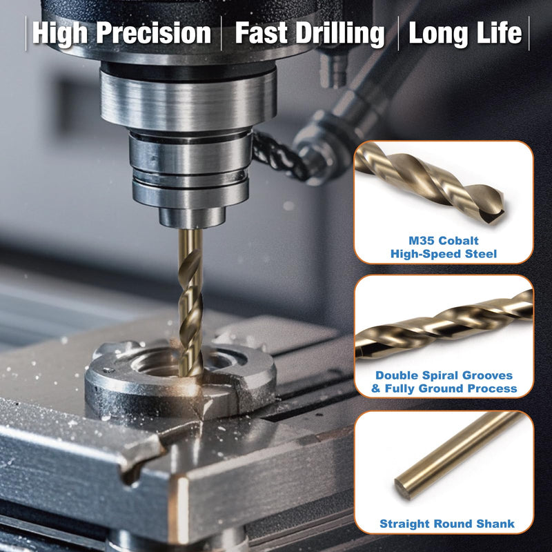 10Pcs 3/8" Cobalt Drill Bit Set, M35 High Speed Steel Jobber Length Drill Bit Kit for Hardened Metal, Stainless Steel, Cast Iron, Wood and Plastic 10Pcs 3/8"