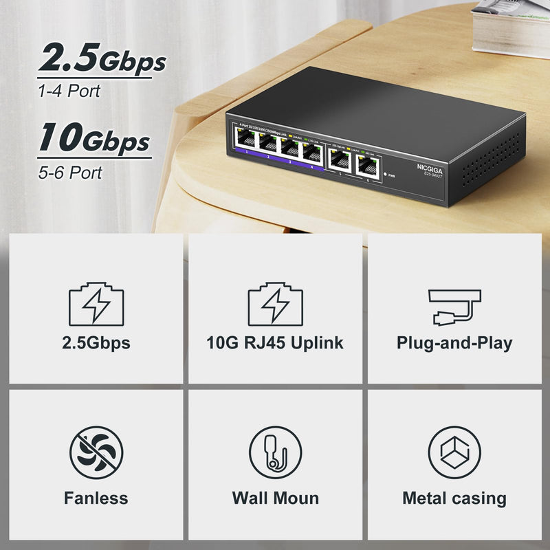10Gbe Ethernet Switch Unmanaged with 2 x 10Gb RJ45 Ports ➕ 4 x 2.5Gb Base-T Ports, Desktop/Wall Mount NICGIGA 6 Port 10Gbps Network Switch for Wireless AP, NAS, PC 6 Port | 2x 10G RJ45 + 4x 2.5G