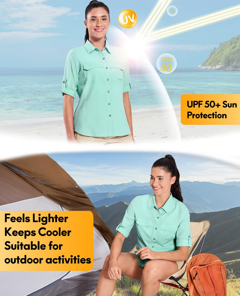 Haimont Women's Travel Hiking Fishing Button Down Shirt, UPF 50+ UV Long Sleeve Sun Shirts for Outdoor Camping Sailing Medium Light Green