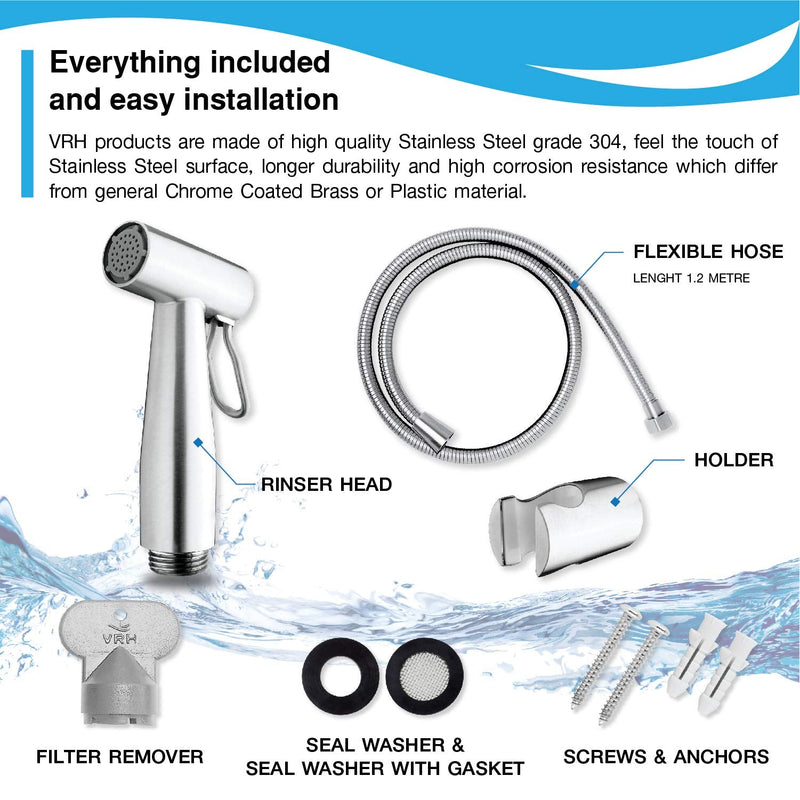 VRH Bidet Sprayer for Toilet and Baby Cloth Diaper Sprayer, Handheld Shattaf Bidet Spray for Toilet with Stainless Steel and Complete Accessories FXVH0-0040ES
