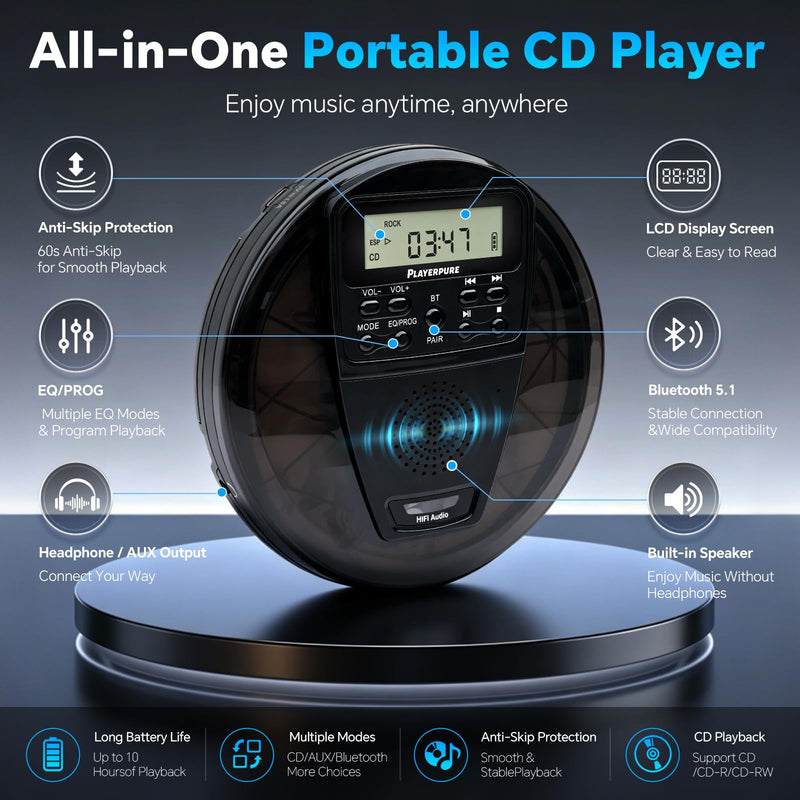Portable CD Player with Bluetooth and Speaker, 10H Playtime Rechargeable Personal CD Player, HiFi Stereo Sound, 60s Anti-Skip Protection, PROG Playback & EQ Modes, Headphones and AUX Cable Included Black