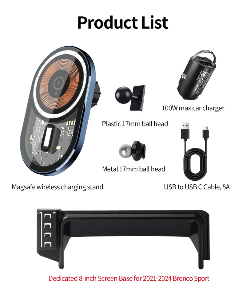 Wireless Charging car Phone Holder for Ford Bronco Sport 2021-2024 Accessories 8 inch Screen Fixed Clip,360° Rotation car Phone Mount Compatible with MagSafe