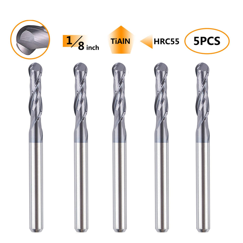 SpeTool 5Pcs Ball Nose Router Bits 1/8" Cutting Diameter Milling Tool HRC55, 1/8" Shank Up Cut Spiral CNC Tool D1/8"