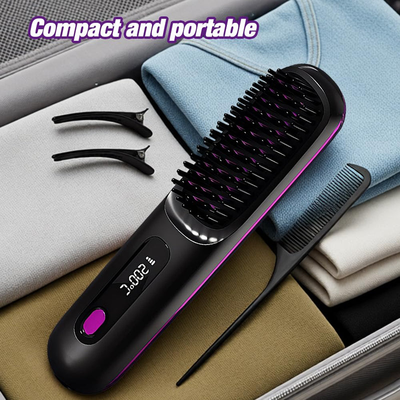 GlowWave Heated Brush, 2026 Cordless Hair Straightener Brush, 3 Heat Settings & LED Screen Glowcept Heated Brush, Portable & Rechargeable Heated Styling Brushes for Travel & Everyday Use (Black)