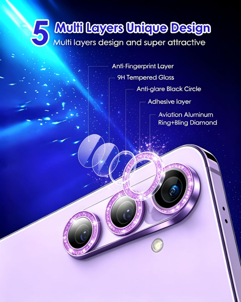 Compatible for Samsung Galaxy Z Fold 7 / Z Fold 8 Ultra Camera Lens Protector Glitter Bling Individual Aluminium Alloy Ring 9H Tempered Glass Decorative Accessories Camera Cover Purple Galaxy Z Fold 7/Z Fold 8 Ultra