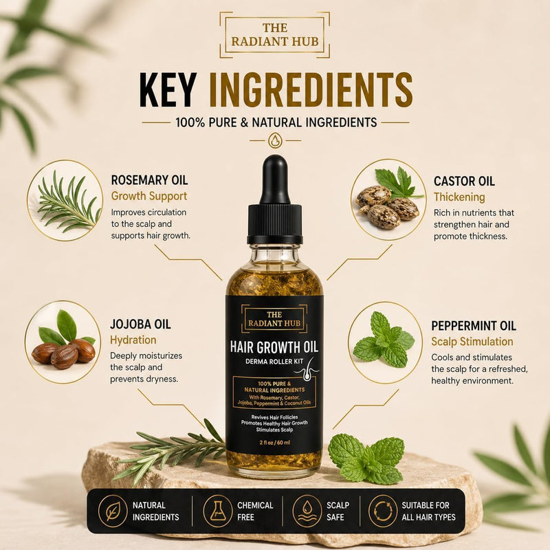Rosemary Oil for Hair Growth & Derma Roller Kit - Castor, Jojoba, Peppermint & Coconut Oils for Thicker Stronger Hair, Stimulates Scalp & Revives Follicles - For Men & Women - 60 ml