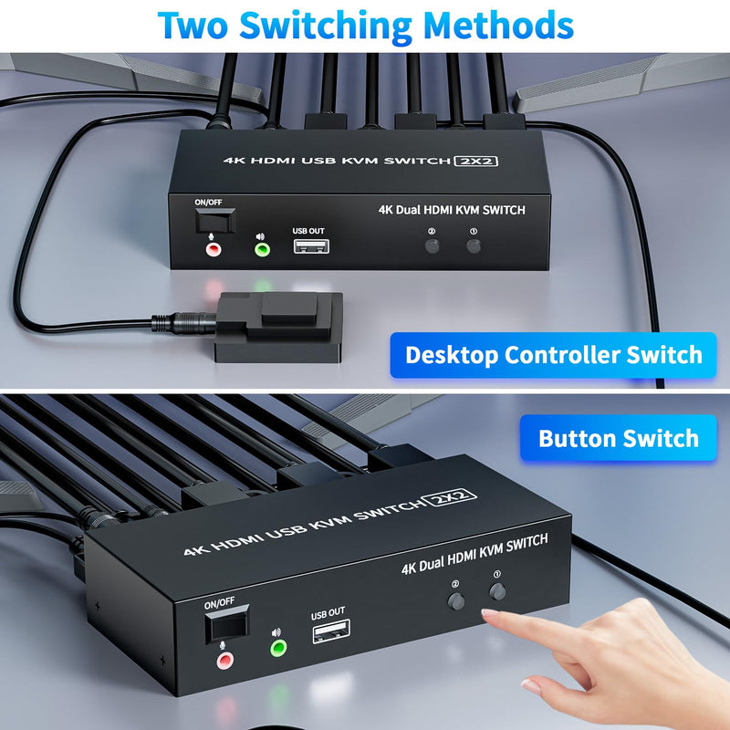BolAAzuL 2-Port HDMI USB KVM Switch 4K@60Hz, Dual-Port USB 2.0 HDMI 2.0 KVM Switcher 2X2, Keyboard Mouse Peripherals Switcher KVM HDMI USB 2 in 2 Out for 2 PCs 2 Monitors