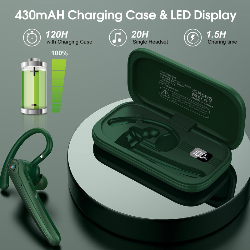 Atheewon Bluetooth Headset, Wireless Bluetooth Earpiece with ENC Noise Canceling Mic, 120Hrs Talk Single-Ear Headphones, LED Display, IPX7, V5.4 Hand-Free Earphone for Business/Trucker/Driver (Green)