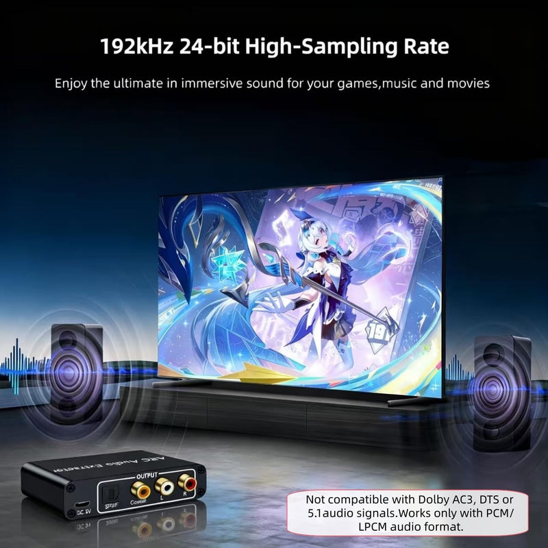 HDMI ARC Audio Extractor Converter, 192KHz ARC Audio Extractor Output Optical SPDIF/Coaxial/RCA and 3.5mm Jack Stereo Adapter for HDTV Link to Soundbar, Home Amplifier, Speaker ect 5in HDMI ARC Audio Extractor