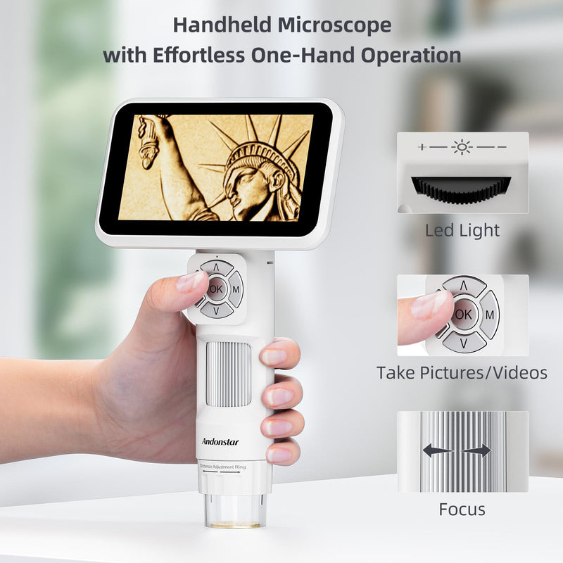 Andonstar Digital Microscope, 5" 1080P Coin Microscope Camera for Error Coin with 7.3" Metal Stand for Adults Kids, Handheld USB Coin Magnifier with 8 Adjustable LED Lights, Windows Mac PC White+Traditional Stand