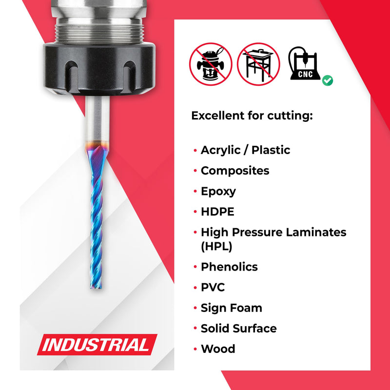Amana Tool Up Cut Solid Carbide Spiral 2D/3D Carving Router Bit, 46292-K, Flat Bottom 0.10 Deg A x 1/8 D x 1-3/32 x 1/4 Sh x 2-½” L x 4 Flute 1/8 inches x 2-1/2 inches