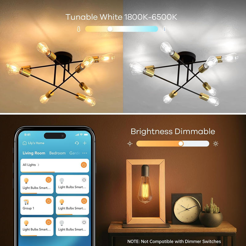 Linkind Matter Smart Light Bulb, ST19 (ST58) Smart Edison Bulbs, 2700K-6500K Warm White to Daylight E26 LED Bulb 8W 60W 800LM, Work with Alexa, Google/Apple Home, SmartThings, 2.4GHz WiFi, 4 Pack 4 Pack Matter