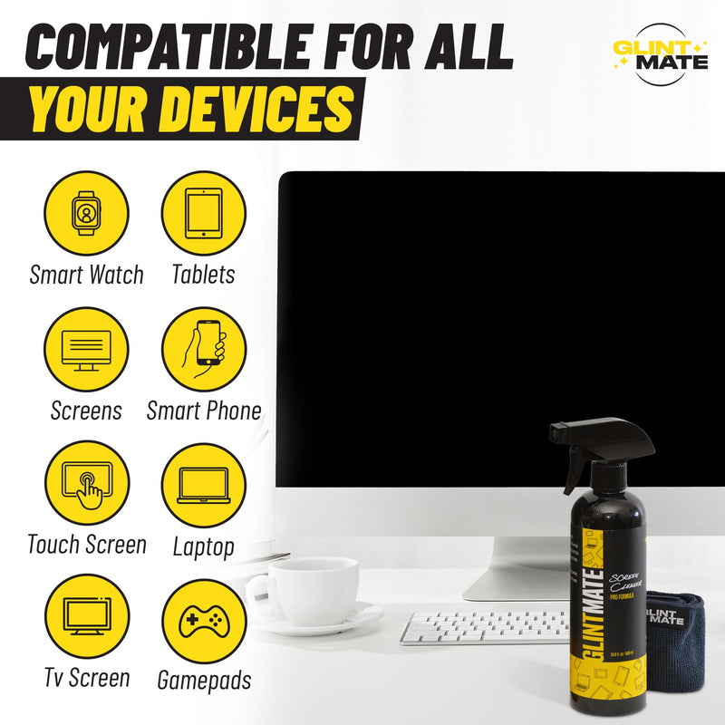 Screen Cleaner Spray (3.3oz) - Glint Mate Spray Bottle and Microfiber Cloth Kit - PRO FORMULA for TV, Laptop, Monitor, Phone & Tablet (3.3oz) 3.3oz