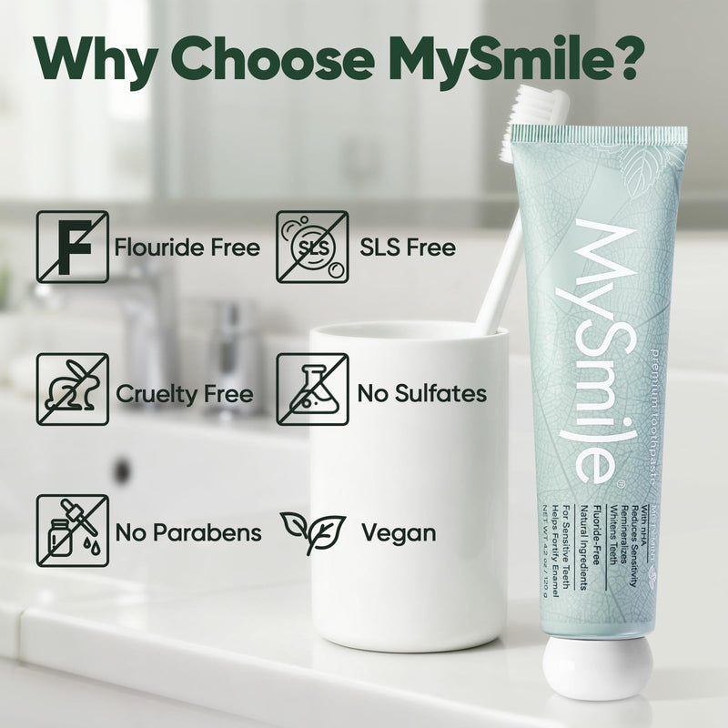 MySmile Fluoride Free Nano Hydroxyapatite Toothpaste for Sensitive Teeth, Strengthens Enamel, Remineralizes & Whitens Teeth, Freshens Breath for Adults, SLS Free, Misty Mint, 4.2 oz 4.2 Ounce (Pack of 3)