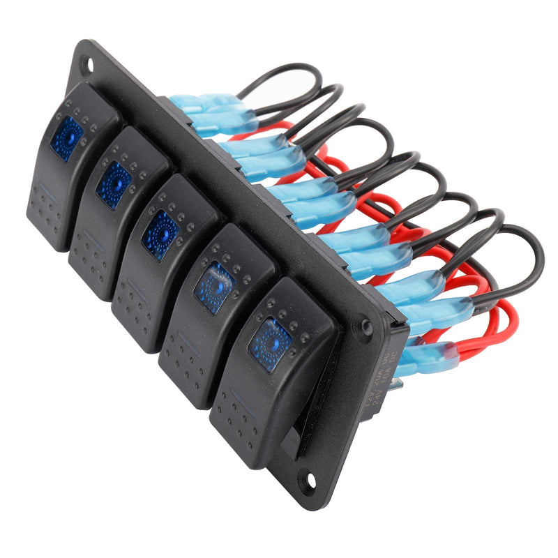 Amarine Made 12-24V Boat Switch Panel Illuminated Rocker Switch Aluminum Pre-wired Panel 2,3,4,5,6,8 Gang Toggle Switches Dash 5 Pin ON/Off 2 LED Backlit for Bus Boat Car Marine Blue LED IP65 (5 Gang)