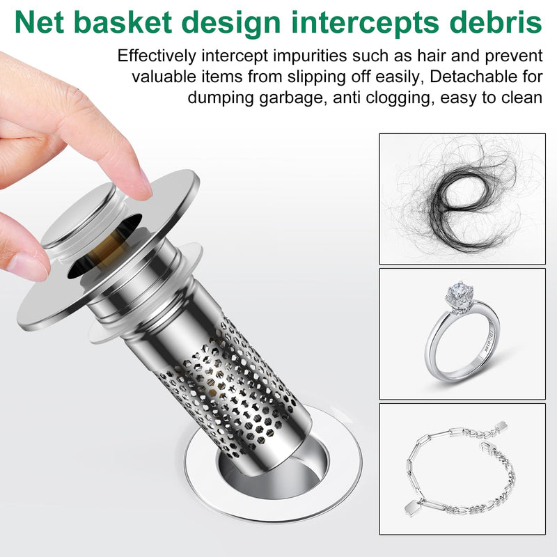 Bathroom Sink Drain Strainer,Universal Pop-Up Sink Stopper Hair Catcher, Anti-Clog Stainless Steel Drain Filter Basket, Removable Sink Drain for Bathroom Sink Stopper Silver-3pack