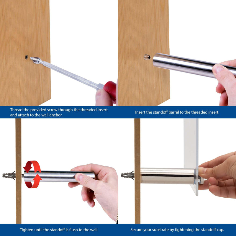 Stainless Steel Standoff 1 Inch Diameter x 6 Inch Barrel Length Brushed Finish for PVC, Glass and Acrylic Sign Stand Off Wall Anchors and Screws 4 Piece Pack for Heavy Signs