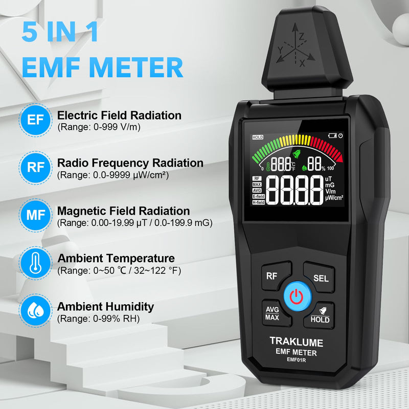 EMF Detector Meter Radiation Detector for Home Digital EMF Reader for Radio Frequency Radiation 5-in-1 EMF Meter for Electromagnetic Radiation EMF Tester for Cell Phone Ghost Hunting Equipment Black