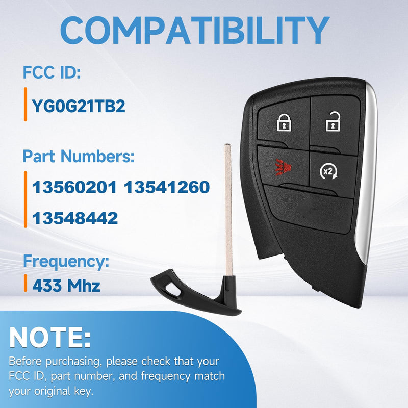 Smart Key Fob Replacement Remote fits for Chevy Blazer EV 2024-2025 Colorado 2023-2026 Equinox EV 2024-2026 Silverado 2021-2026 Tahoe 2022-2025 Traverse 2025-2026 Car Keyless Entry YG0G21TB2 433Mhz