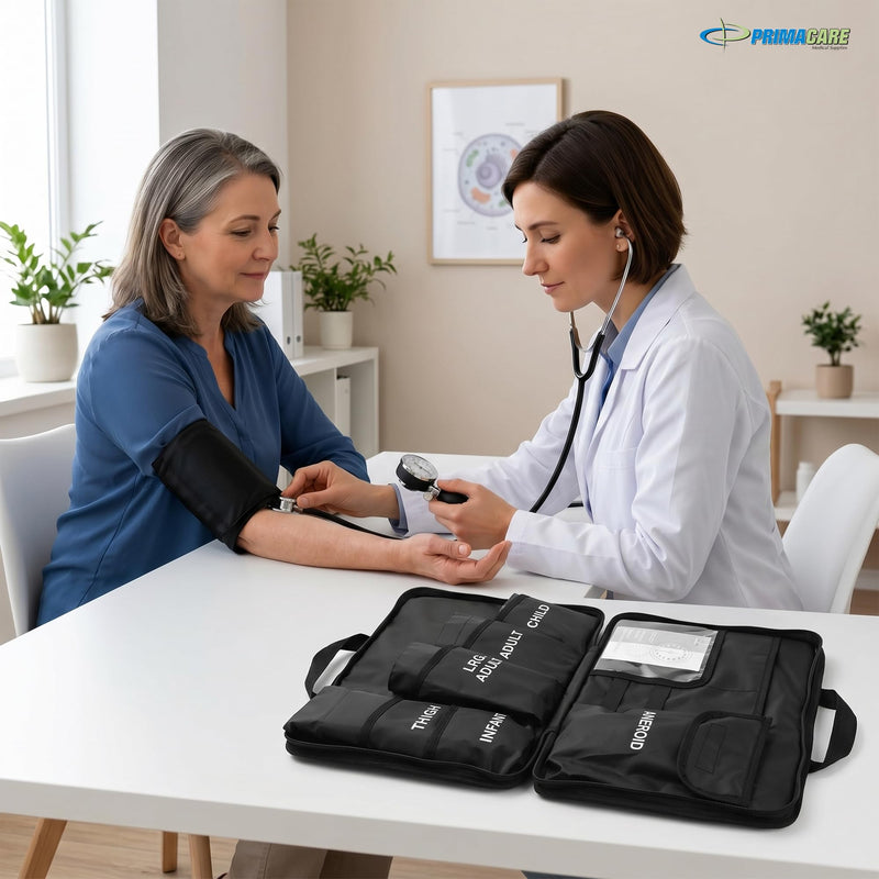 Primacare DS-9185 Aneroid Sphygmomanometer and Blood Pressure Cuff Set with Portable Case, 5 Sized Nylon Cuffs with Deflation Valve, BP Cuff Manual Kit for Infant, Child, Adult, Large Adult, Thigh