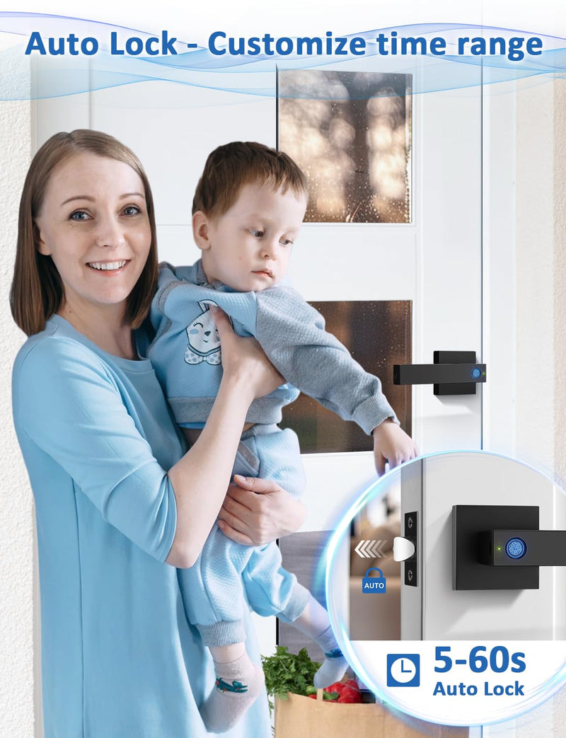 Tinewa Fingerprint Door Lock, Biometric Door Knob with Smart Lock, Keyless Entry Door Handle Lock with App, Bedroom, Office, Hotel, Pantry Matte Black