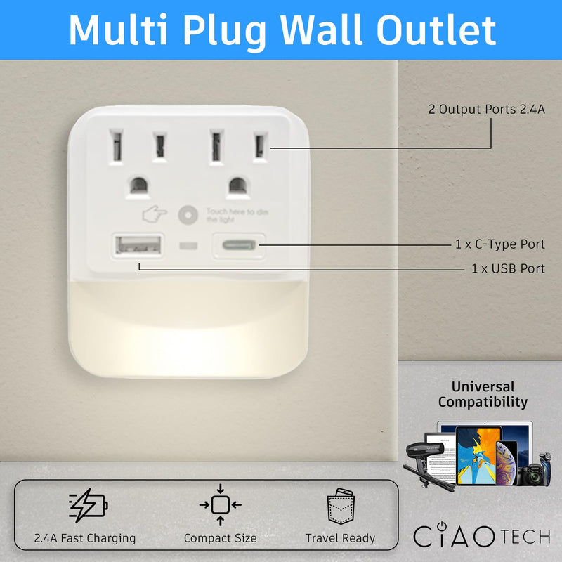 2 Outlet Extender with 1 USB-A & 1 USB-C with White Led Light - Multi Plug Outlet with 300 Joules Surge Protector - Multipurpose USB Outlet with 2.4A Fast Charging (White) 2 Outlet Extender with 1 USB-A & 1 USB-C